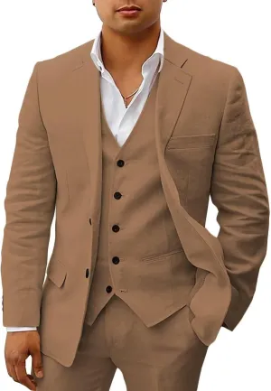 HUUTOE Mens Linen Suits 3 Piece Beach Wedding Groomsmen Suits Casual Summer Linen Blazer Vest and Pants Tuxedo Set