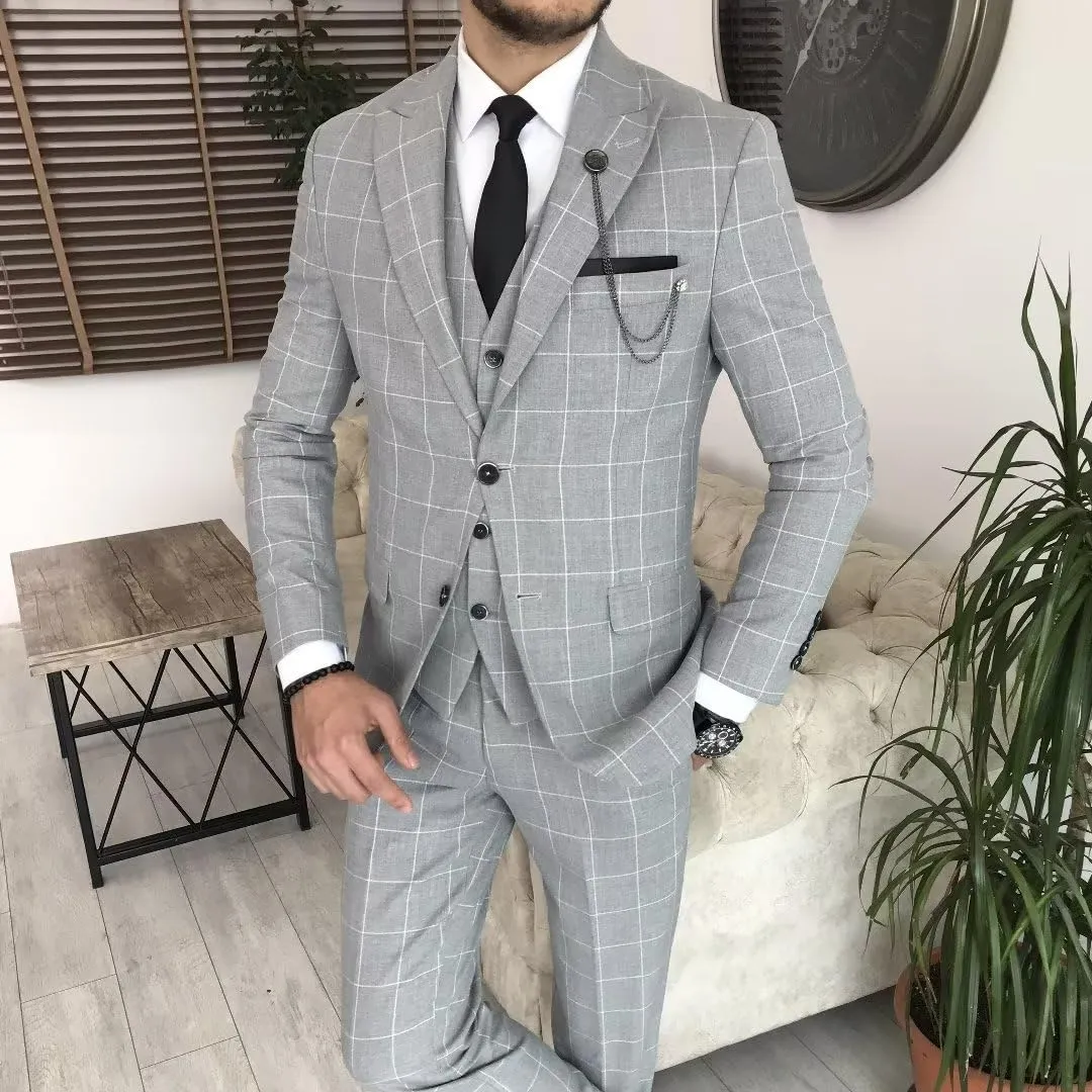 HUUTOE Mens Plaid Suit Checkered 3 Piece Slim Fit Wedding Formal Prom Party Vintage Blazer Jacket Vest Pants Suits Set