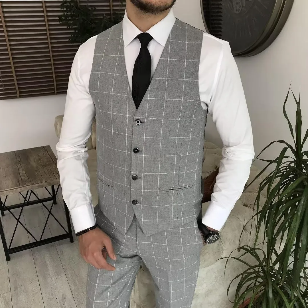 HUUTOE Mens Plaid Suit Checkered 3 Piece Slim Fit Wedding Formal Prom Party Vintage Blazer Jacket Vest Pants Suits Set