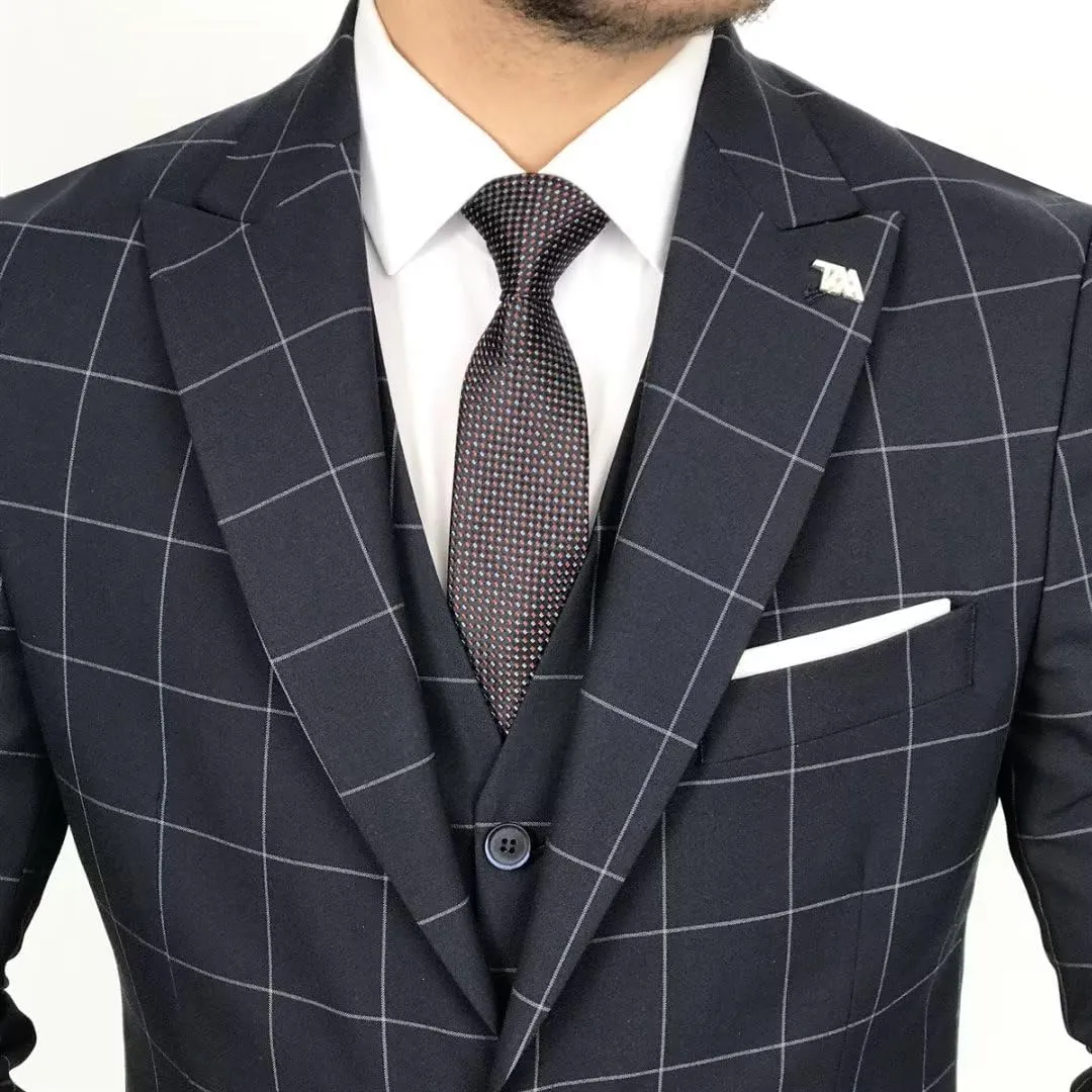 HUUTOE Mens Plaid Suit Checkered 3 Piece Slim Fit Wedding Formal Prom Party Vintage Blazer Jacket Vest Pants Suits Set
