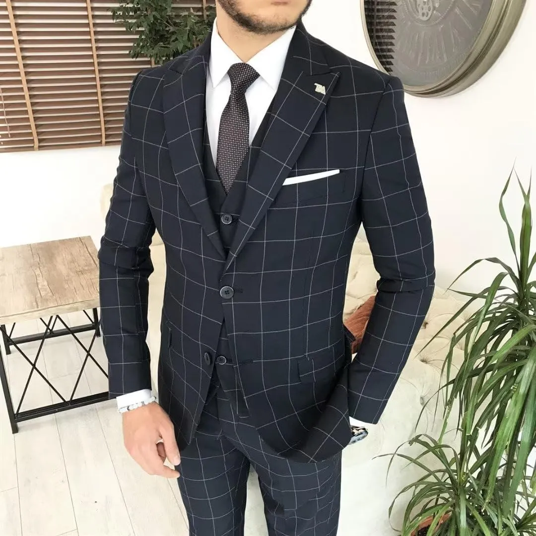 HUUTOE Mens Plaid Suit Checkered 3 Piece Slim Fit Wedding Formal Prom Party Vintage Blazer Jacket Vest Pants Suits Set