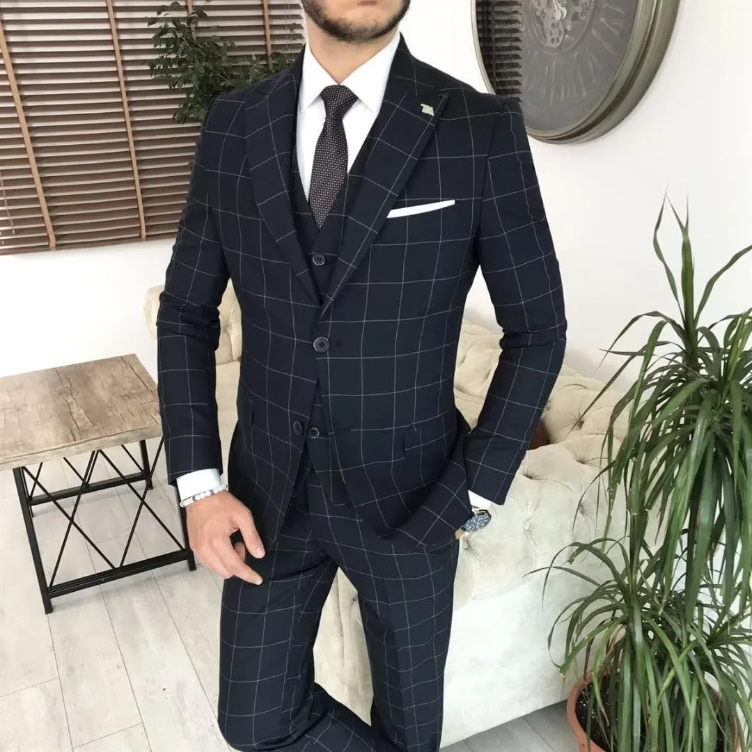 HUUTOE Mens Plaid Suit Checkered 3 Piece Slim Fit Wedding Formal Prom Party Vintage Blazer Jacket Vest Pants Suits Set