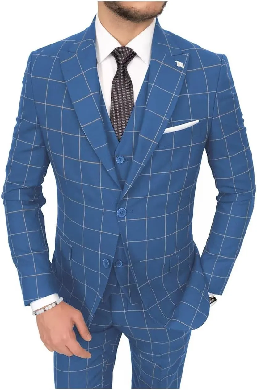 HUUTOE Mens Plaid Suit Checkered 3 Piece Slim Fit Wedding Formal Prom Party Vintage Blazer Jacket Vest Pants Suits Set