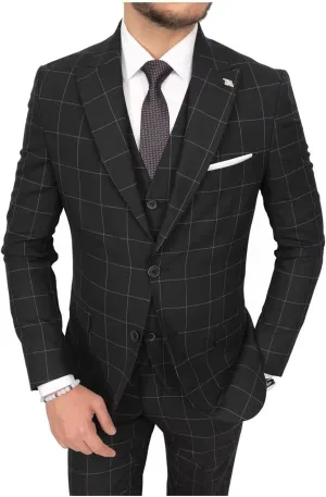 HUUTOE Mens Plaid Suit Checkered 3 Piece Slim Fit Wedding Formal Prom Party Vintage Blazer Jacket Vest Pants Suits Set