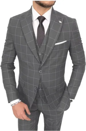 HUUTOE Mens Plaid Suit Checkered 3 Piece Slim Fit Wedding Formal Prom Party Vintage Blazer Jacket Vest Pants Suits Set