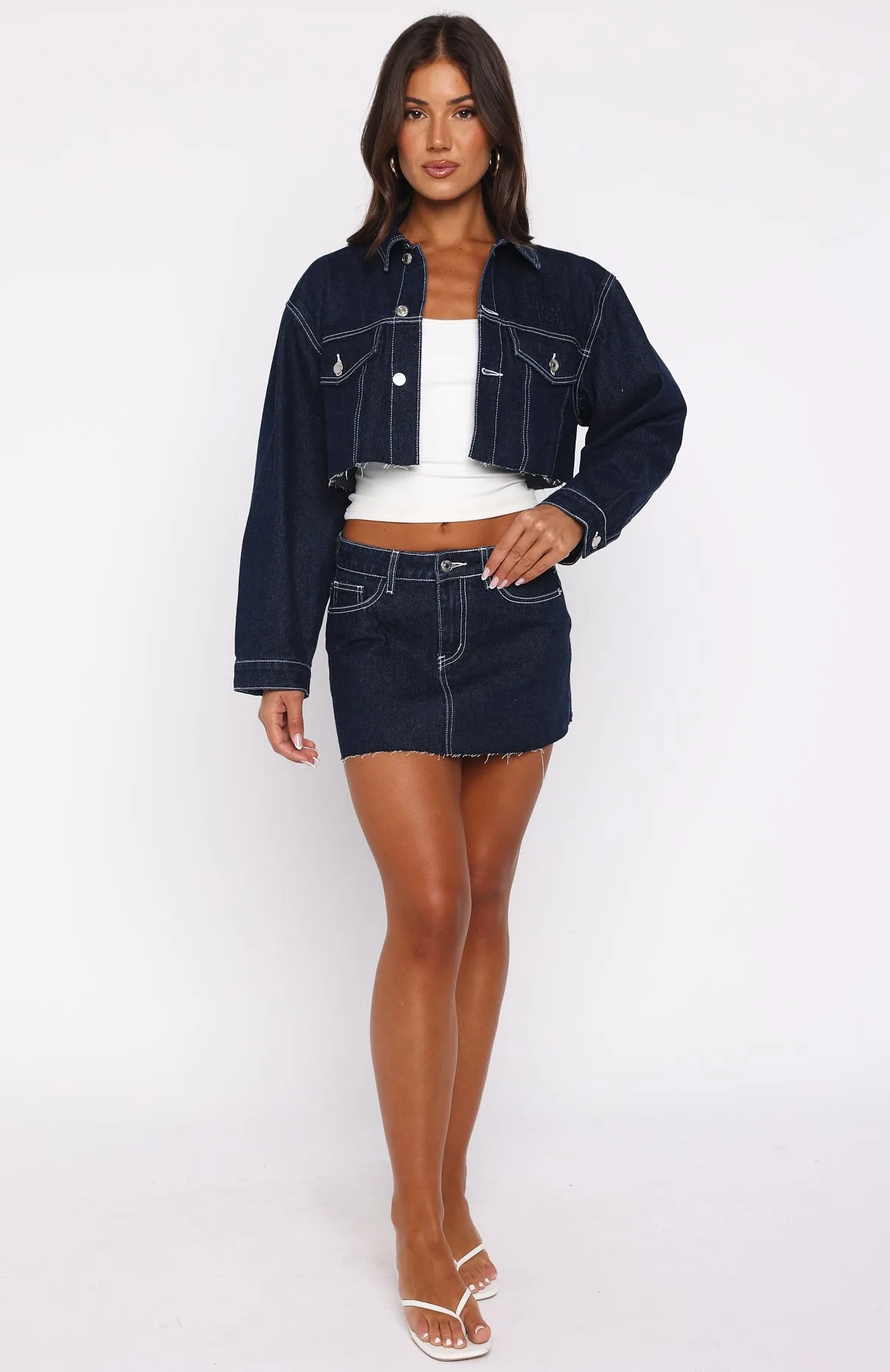 Polished Cut Flat Lay Collar Something To Prove Denim Mini Skirt Dark Indigo