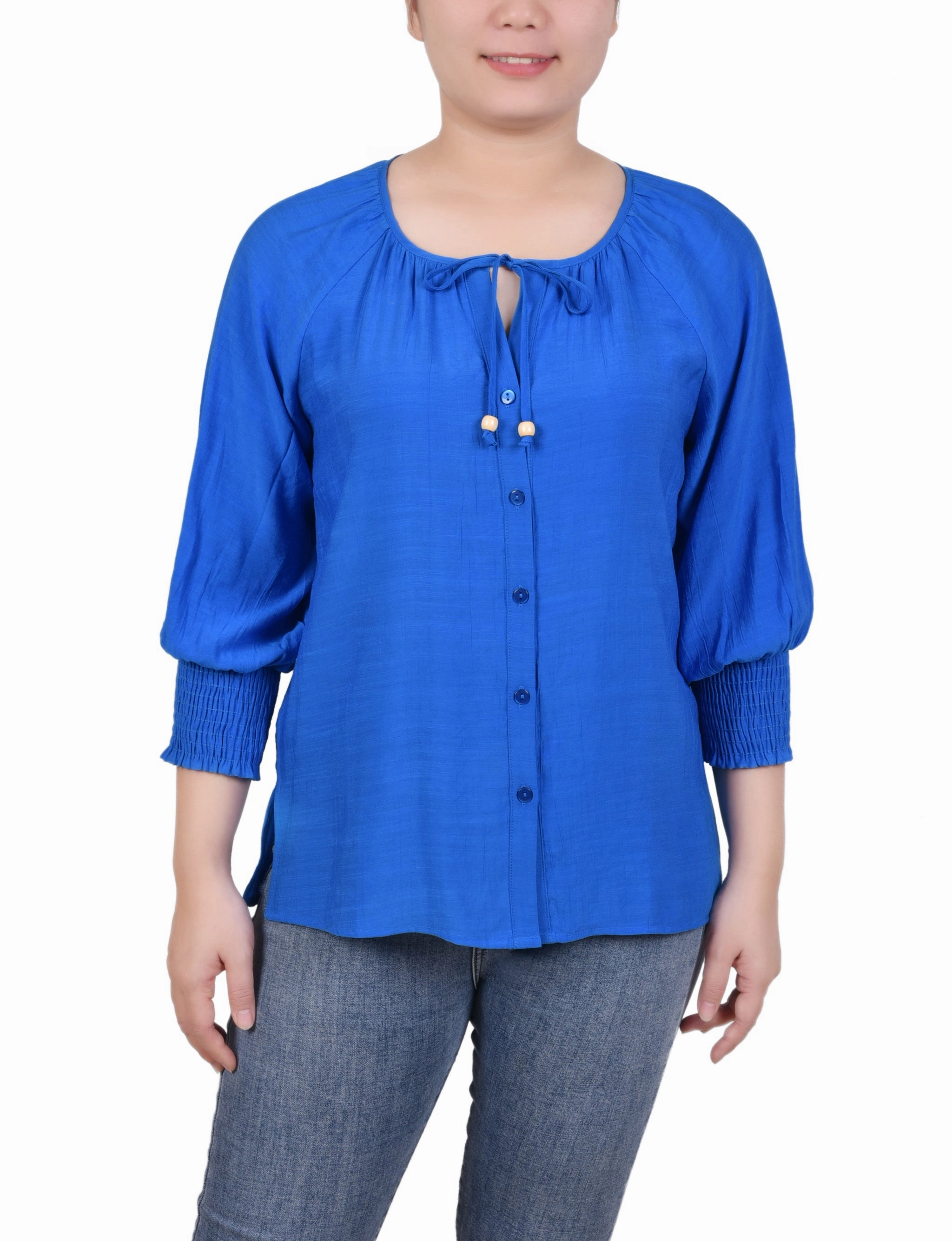 Ventilated Mesh Panels 3/4 Sleeve Button Front Blouse