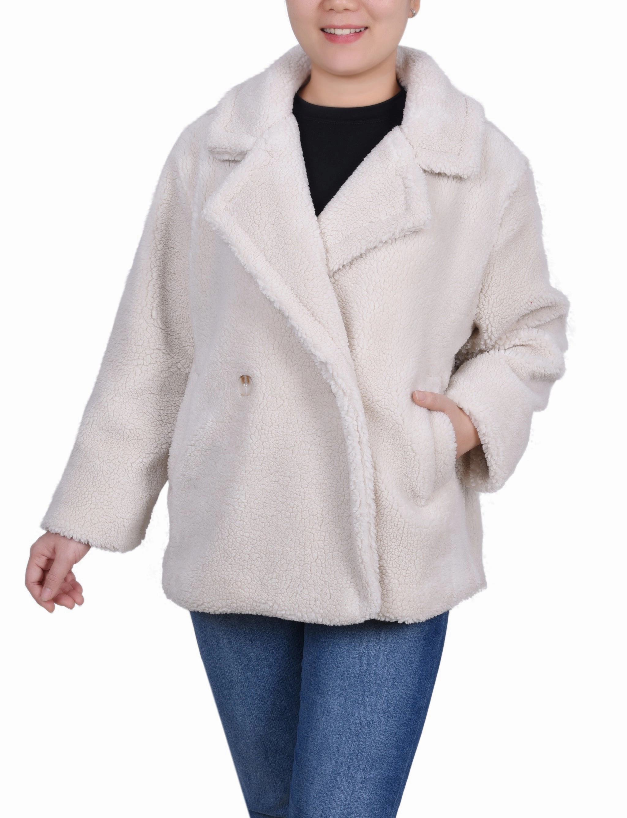 DoubleStitched Hemming LightweightLayeredFabric Long Sleeve Double Breasted Sherpa Jacket