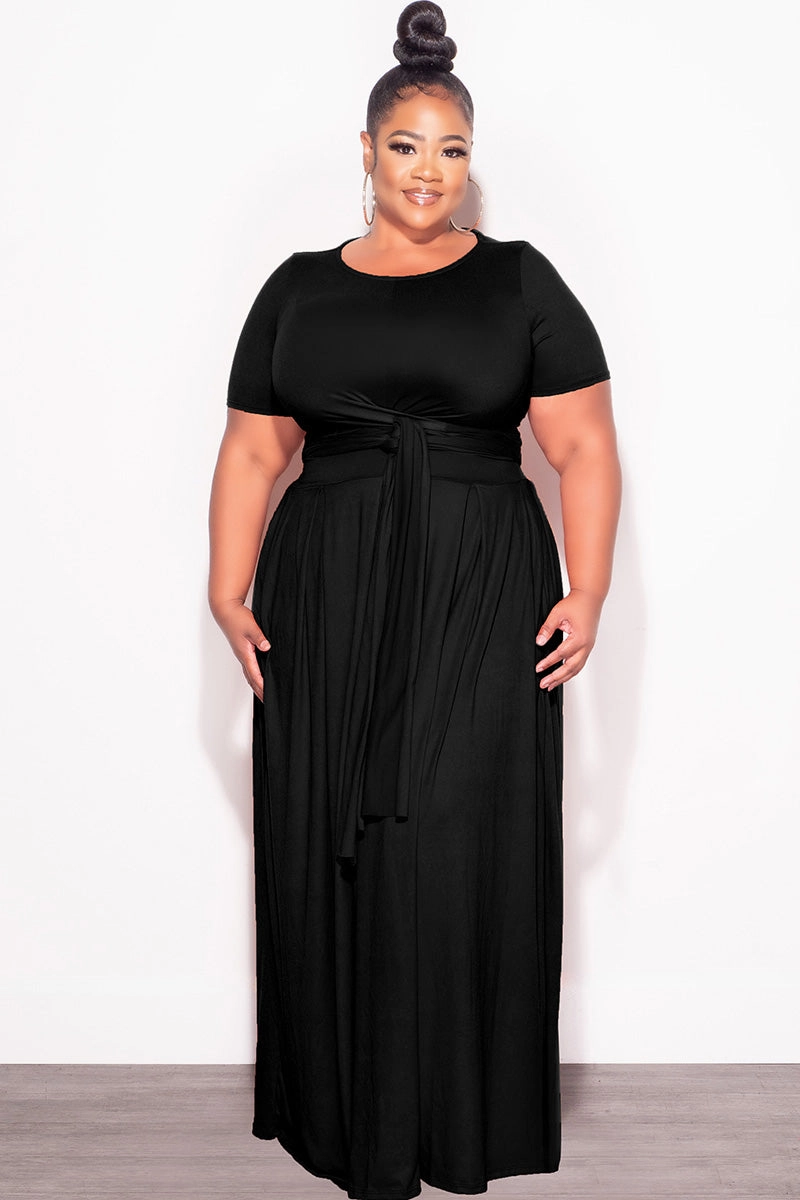 Final Sale Plus Size 2pc Short Sleeve Tie Top and Skirt Set in Black StaticResistantMaterial Breathable mesh