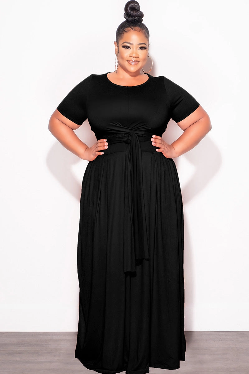 High Density Weave Core Comfort Final Sale Plus Size 2pc Short Sleeve Tie Top and Skirt Set in Black