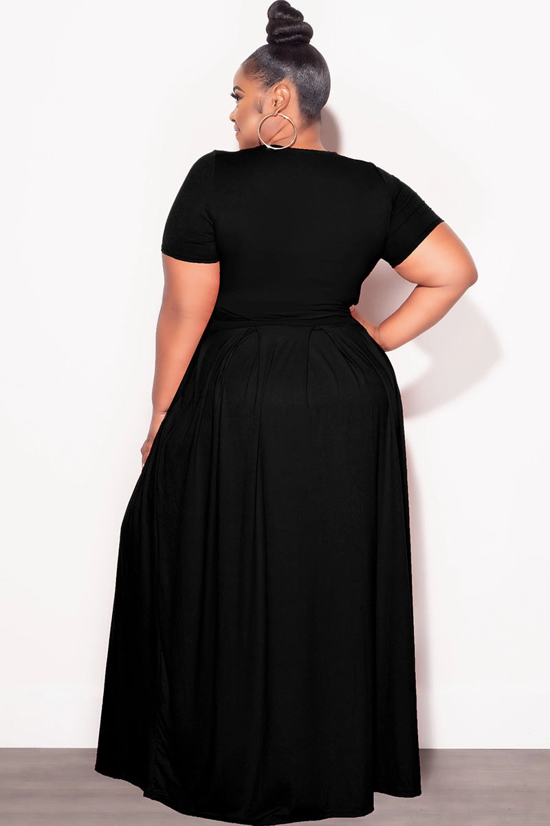 Final Sale Plus Size 2pc Short Sleeve Tie Top and Skirt Set in Black Slim Stretch Active Utility