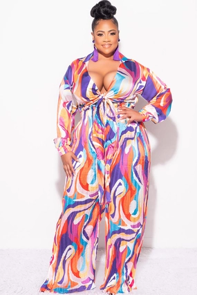 Final Sale Plus Size 2pc Satin Collar Tie Crop Top and Palazzo Pleated Pants in Multi Color Design Print Soft Interior