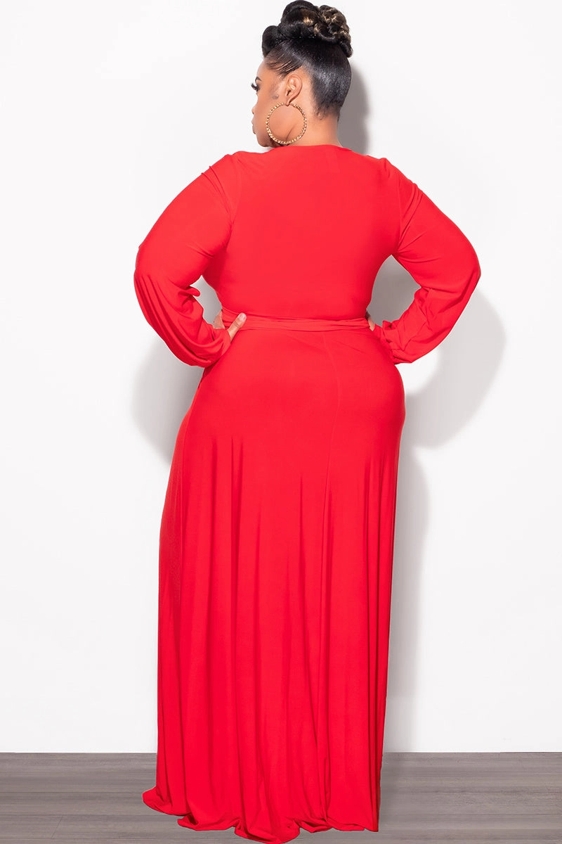 Final Sale Plus Size Faux Wrap Maxi Dress with Side Slit in Red Versatile Fit