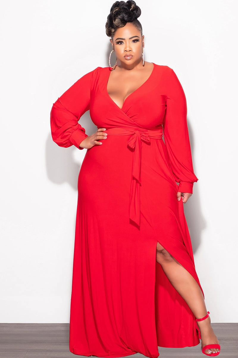 HeatRegulating Final Sale Plus Size Faux Wrap Maxi Dress with Side Slit in Red