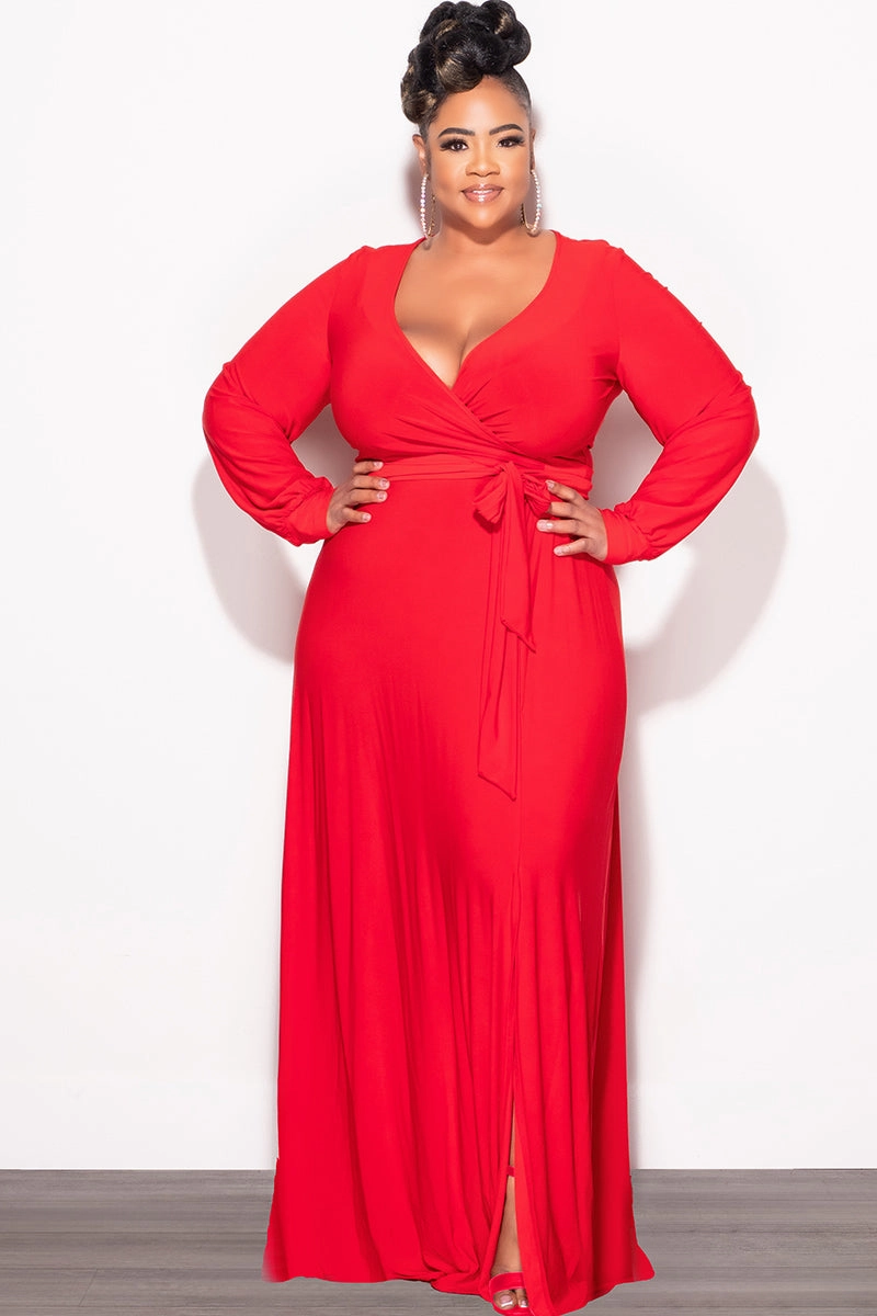 Final Sale Plus Size Faux Wrap Maxi Dress with Side Slit in Red Casual Must-Have Essential Comfort