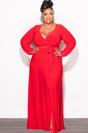 Final Sale Plus Size Faux Wrap Maxi Dress with Side Slit in Red Casual Must-Have Essential Comfort