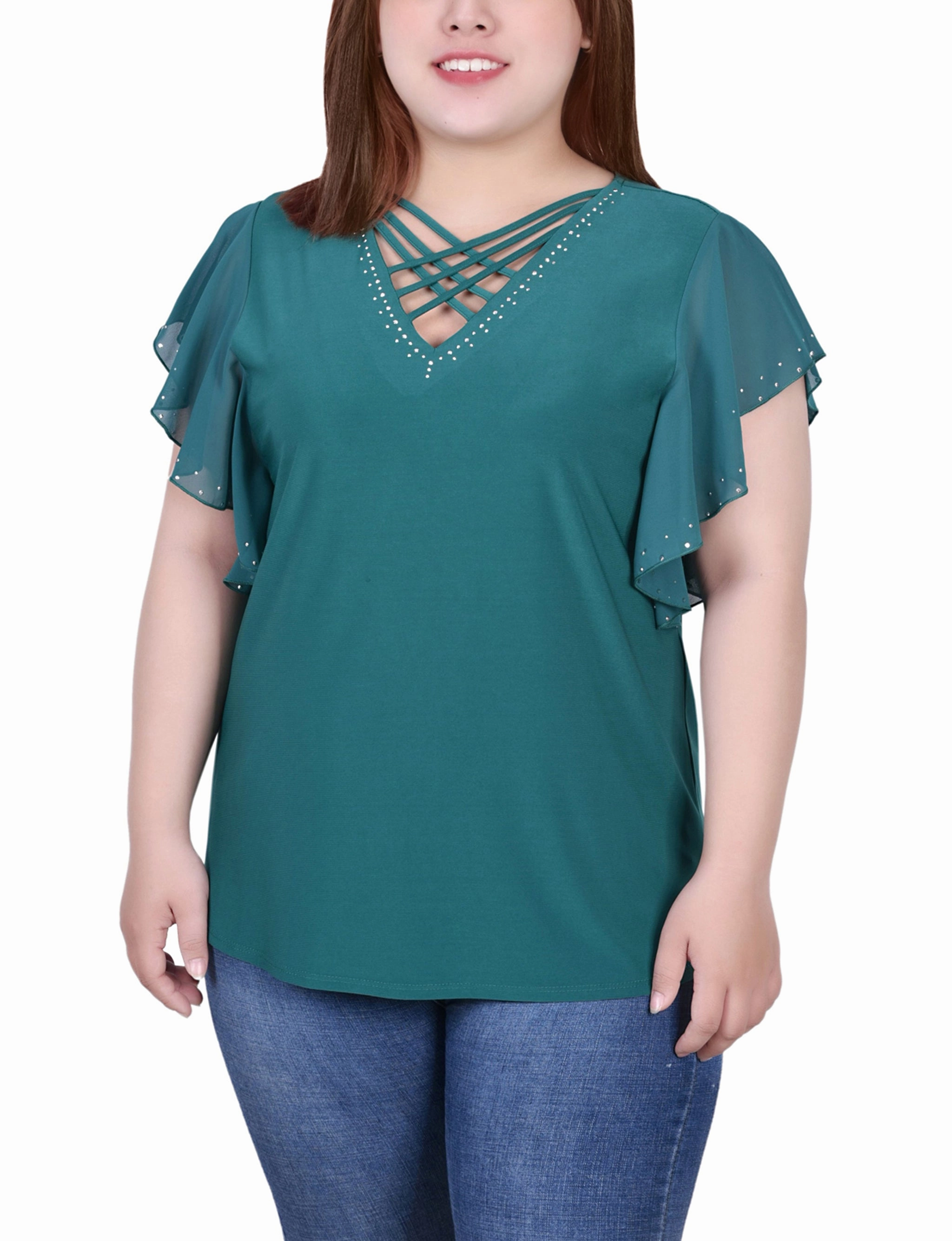 Plus Size Flutter Sleeve Top With Criss Cross Strips AllPurpose Design
