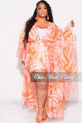 Final Sale Plus Size 2pc Set Chiffon Cover Up / Duster & Matching Shorts in Orange & Pink Water Repellent Coating