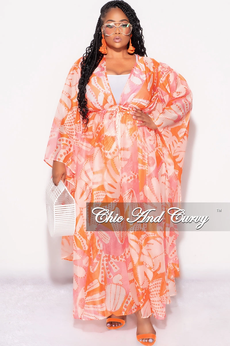 Final Sale Plus Size 2pc Set Chiffon Cover Up / Duster & Matching Shorts in Orange & Pink Weekend Ready Street Ready