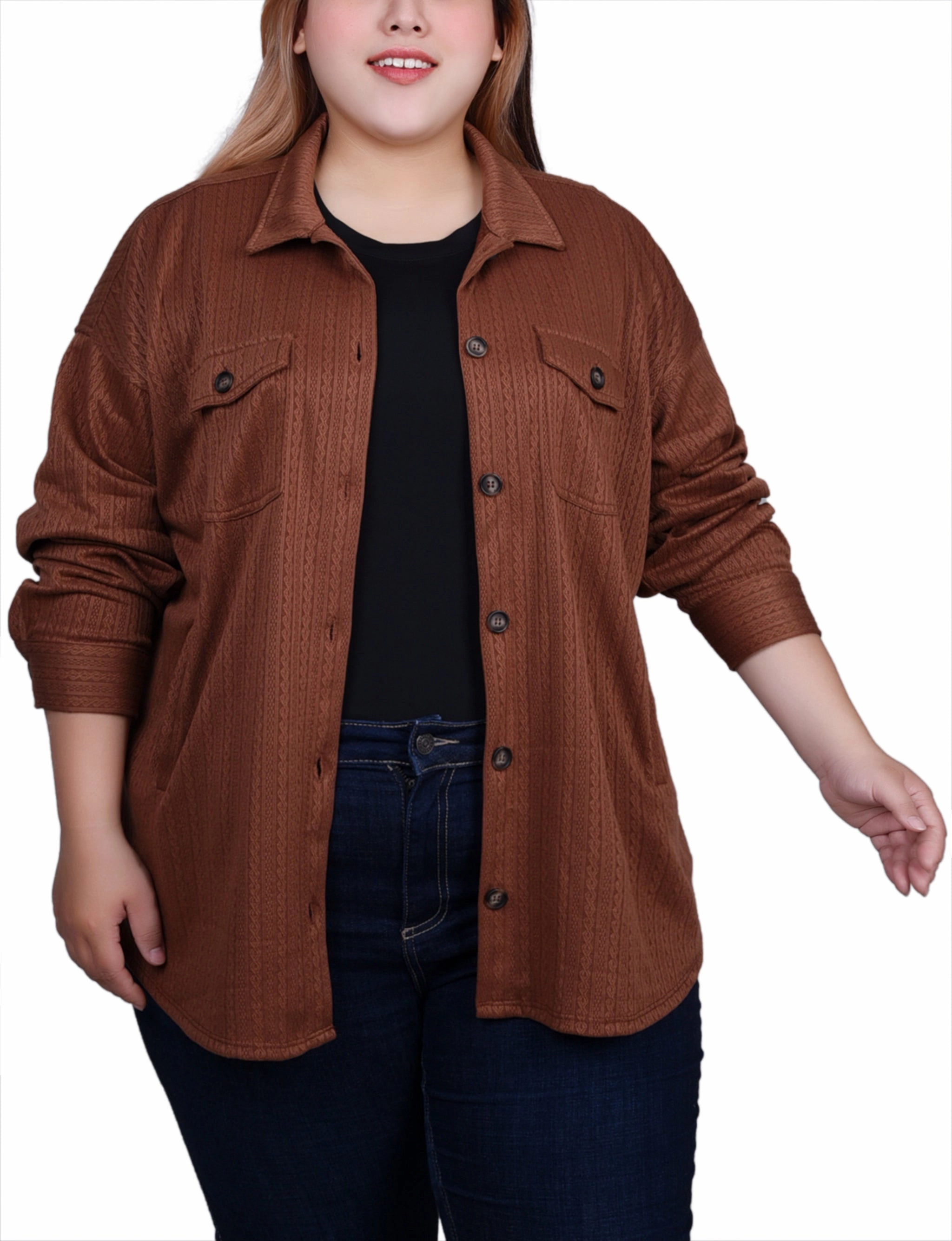 ThermalRegulationLayer ZeroWasteProduction Plus Size Long Sleeve Textured Knit Shirtjacket