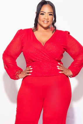 Weekend Comfort Final Sale Plus Size Sheer Glitter Faux Wrap Top in Red