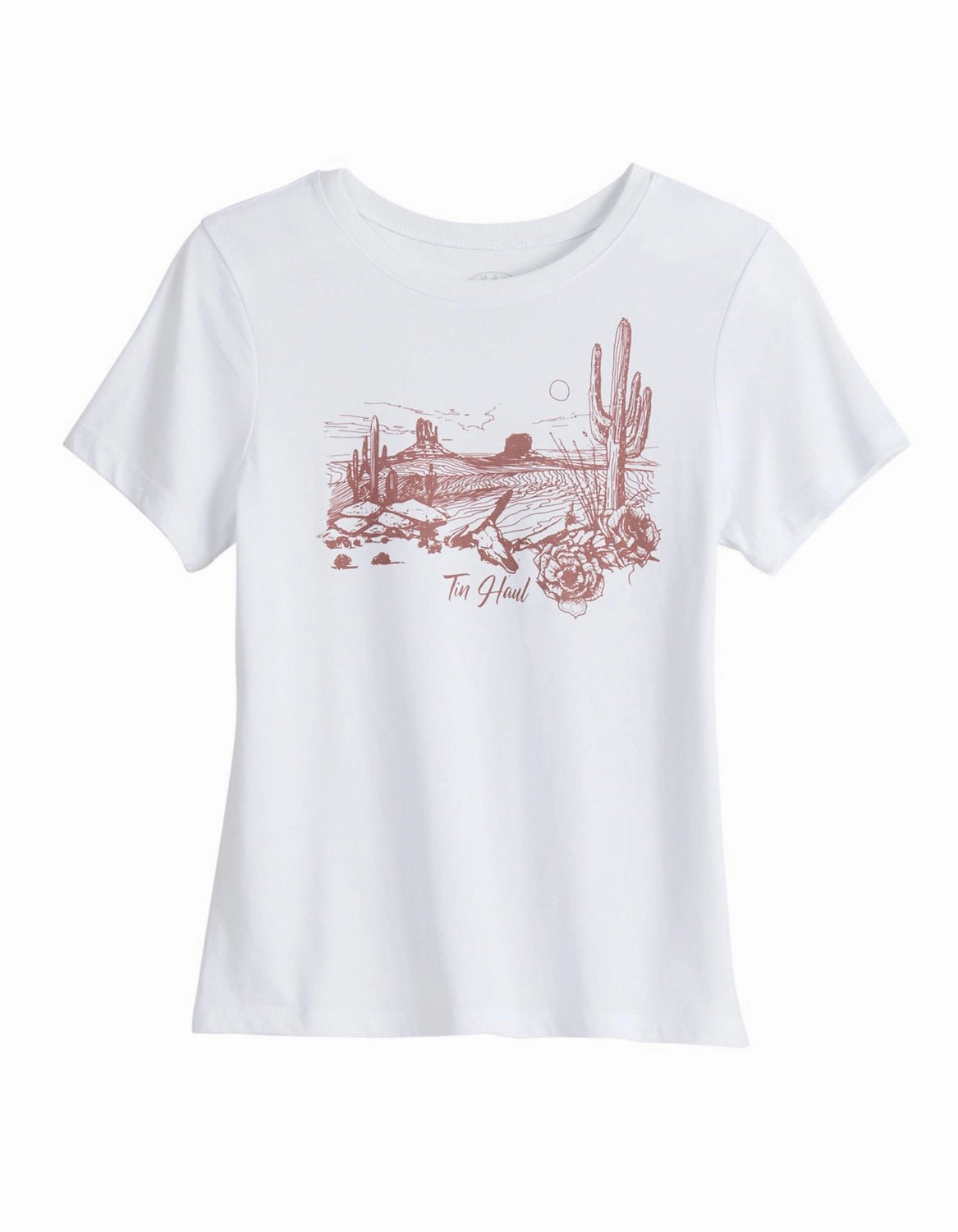 All-day Comfort Tin Haul Womens Red Desert Scene White Cotton Blend S/S T-Shirt