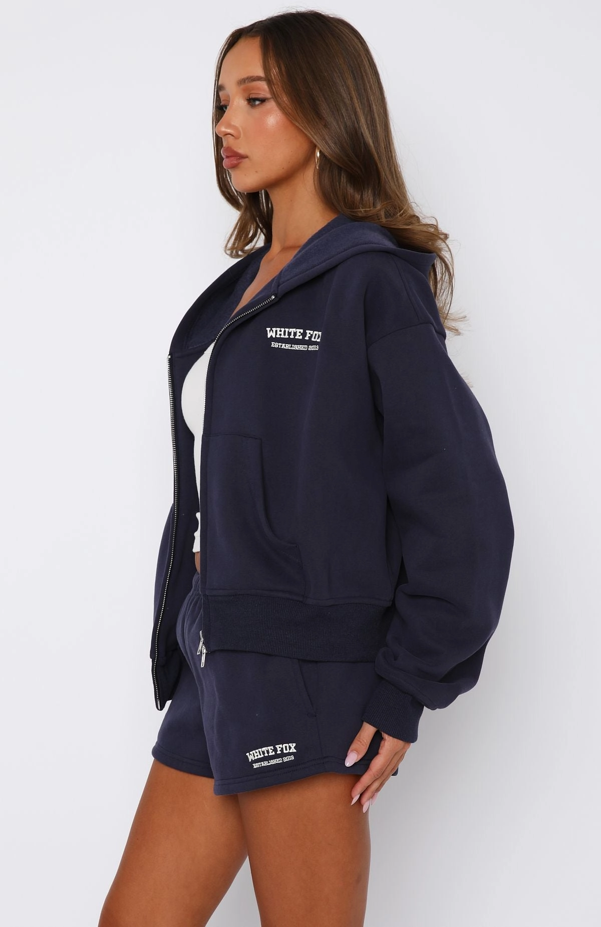 LowCarbon Footprint Textile NonIrritating Stitching Can't Miss It Boxy Zip Front Hoodie Navy