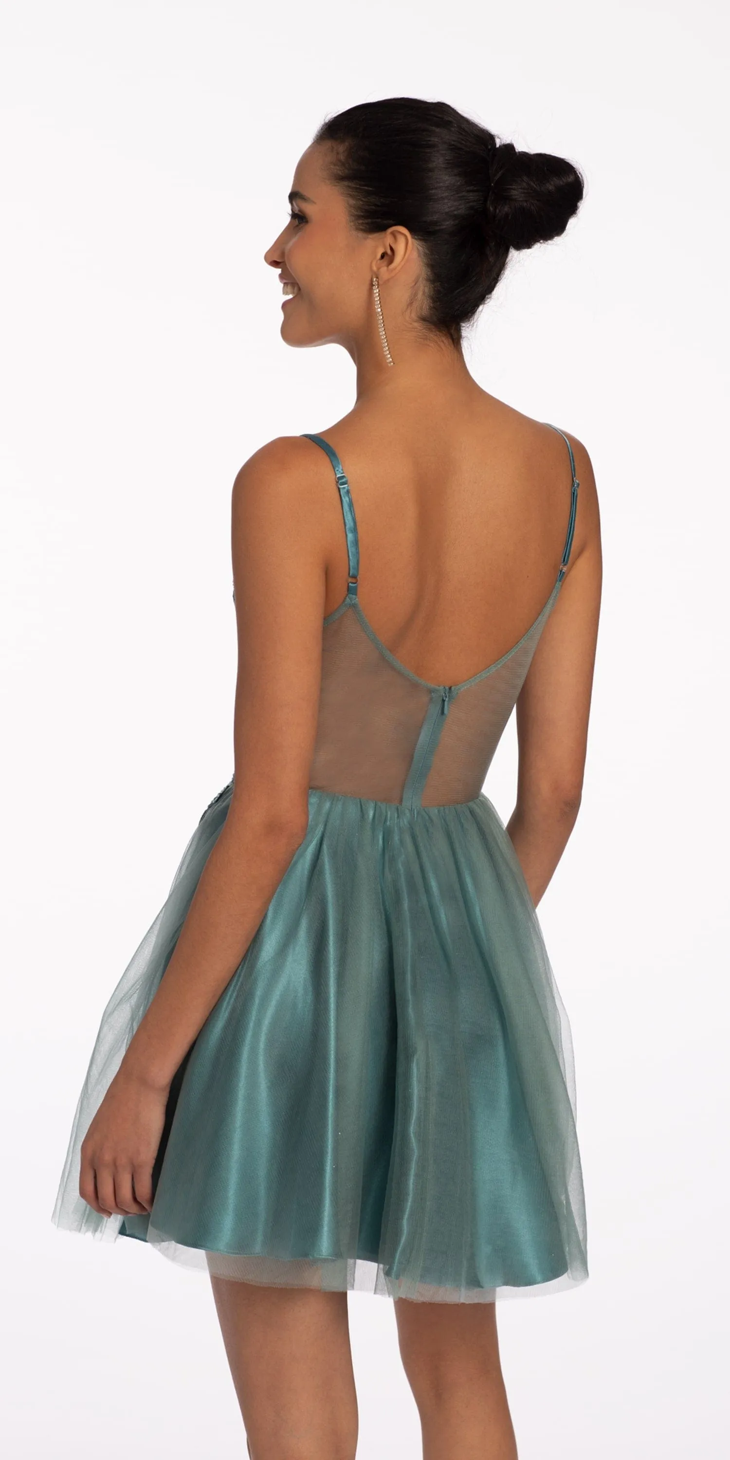 Illusion Applique Fit and Flare Dress with Heat Set Beads