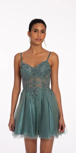 Illusion Applique Fit and Flare Dress with Heat Set Beads