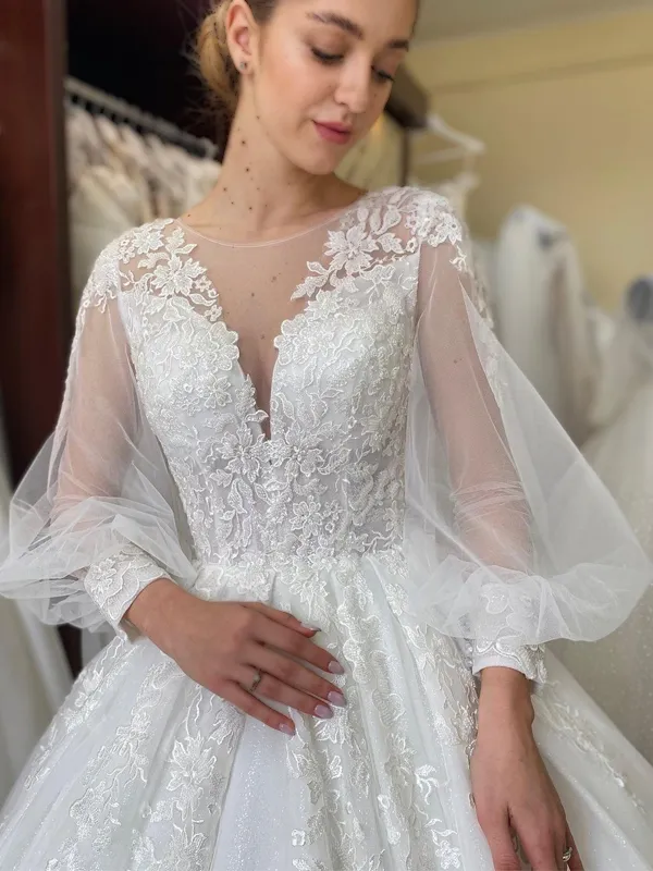 Illusion Lace Long-sleeve Tulle A-line Long Wedding Dress, WD3032