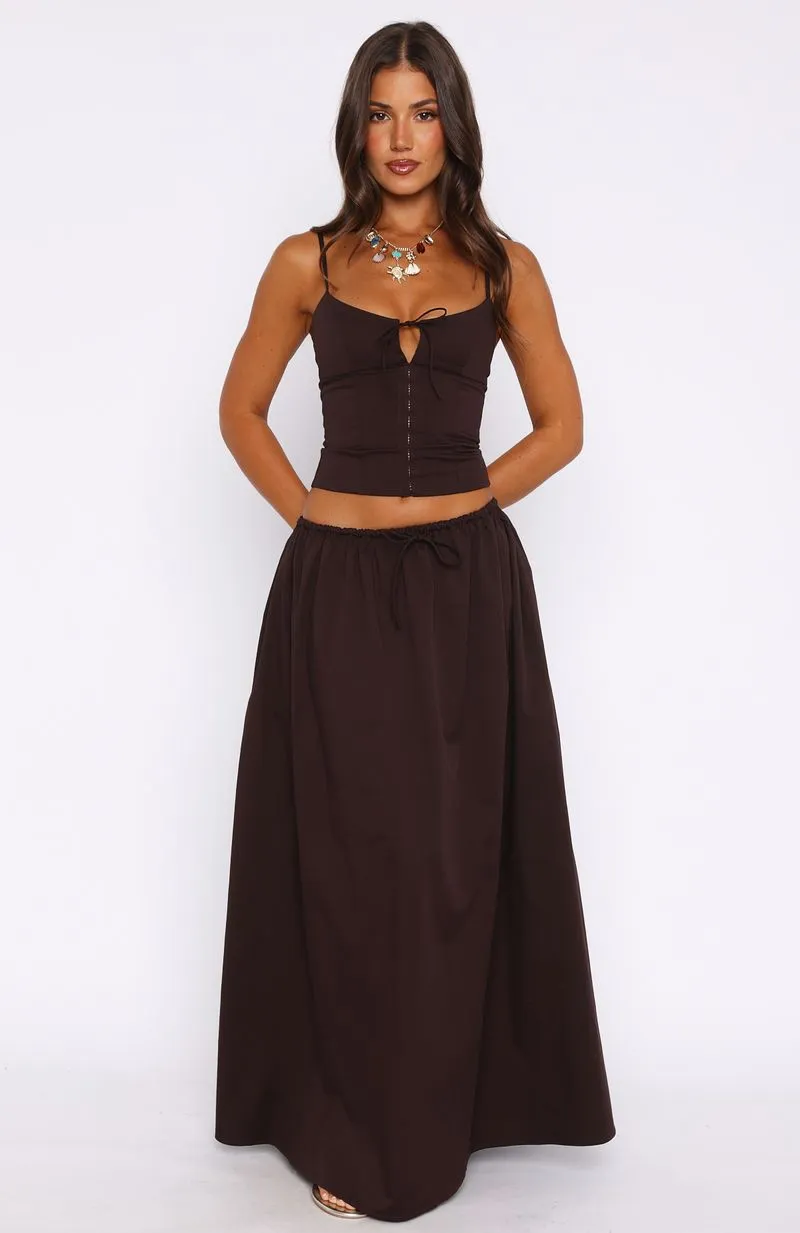 I'm Too Shy Maxi Skirt Chocolate lace accents