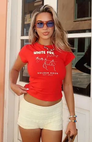 In Paradiso Baby Tee Red Wrinkle Free Weave Hybrid Fabric Blend