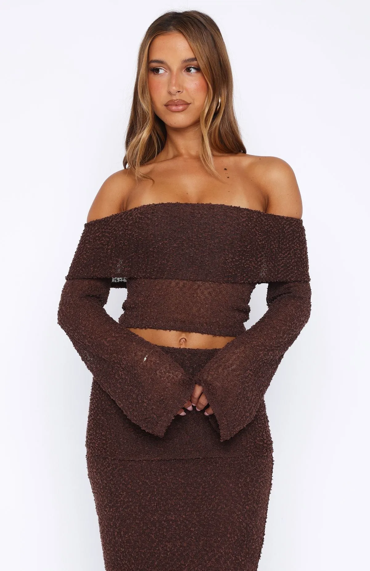 In Too Deep Long Sleeve Knit Top Chocolate Flat Lay Collar