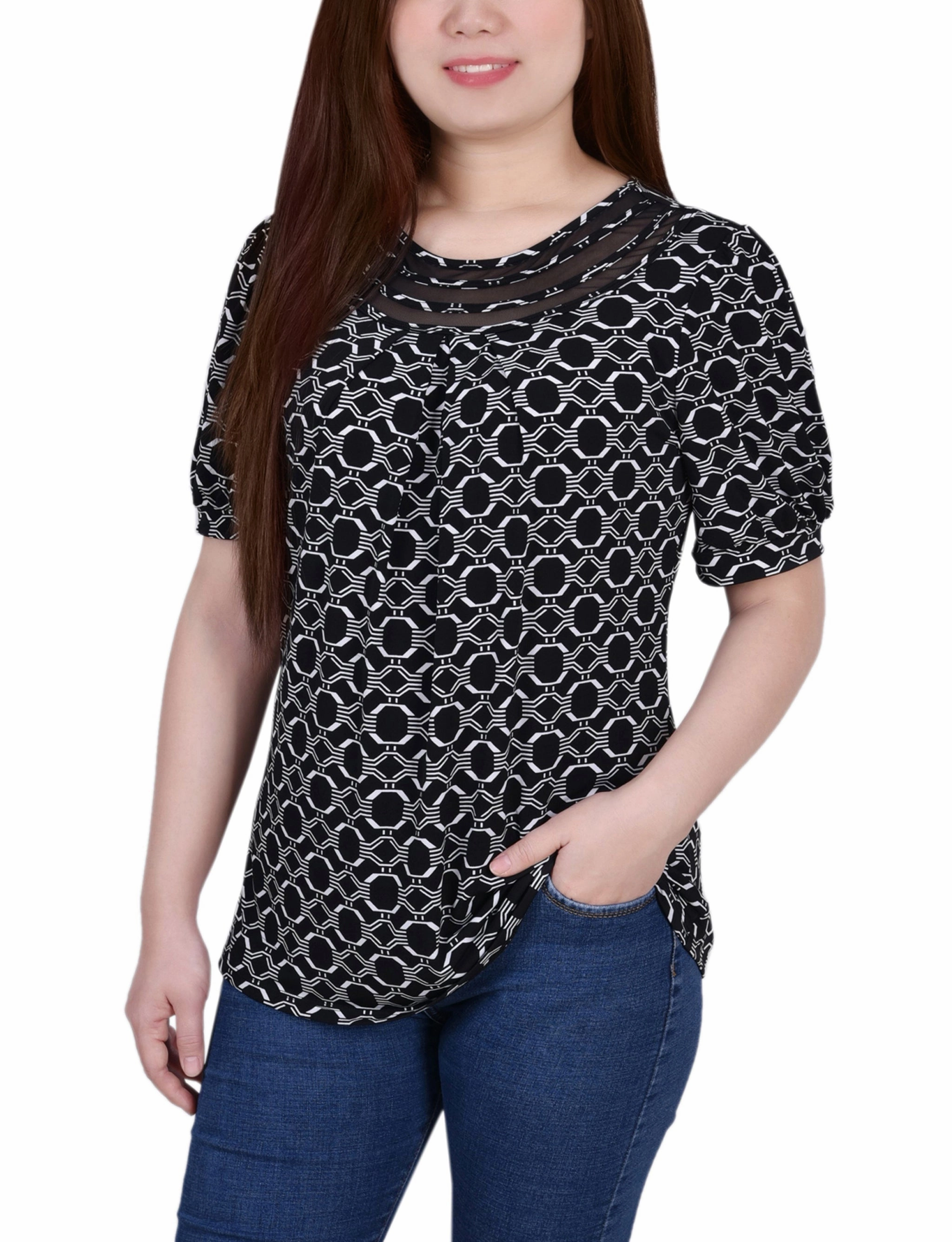 Petite Short Puff Sleeve Sheer Inset Top Noise Reduced Zipper