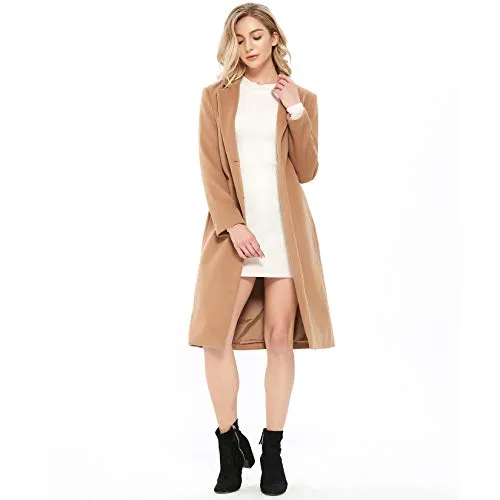 Inno Women’s Notched Lapel Single Breasted Wool Trench Coat Women Long Pea Winter Coat Camel