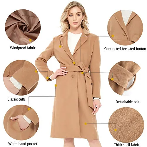 Inno Women’s Notched Lapel Single Breasted Wool Trench Coat Women Long Pea Winter Coat Camel
