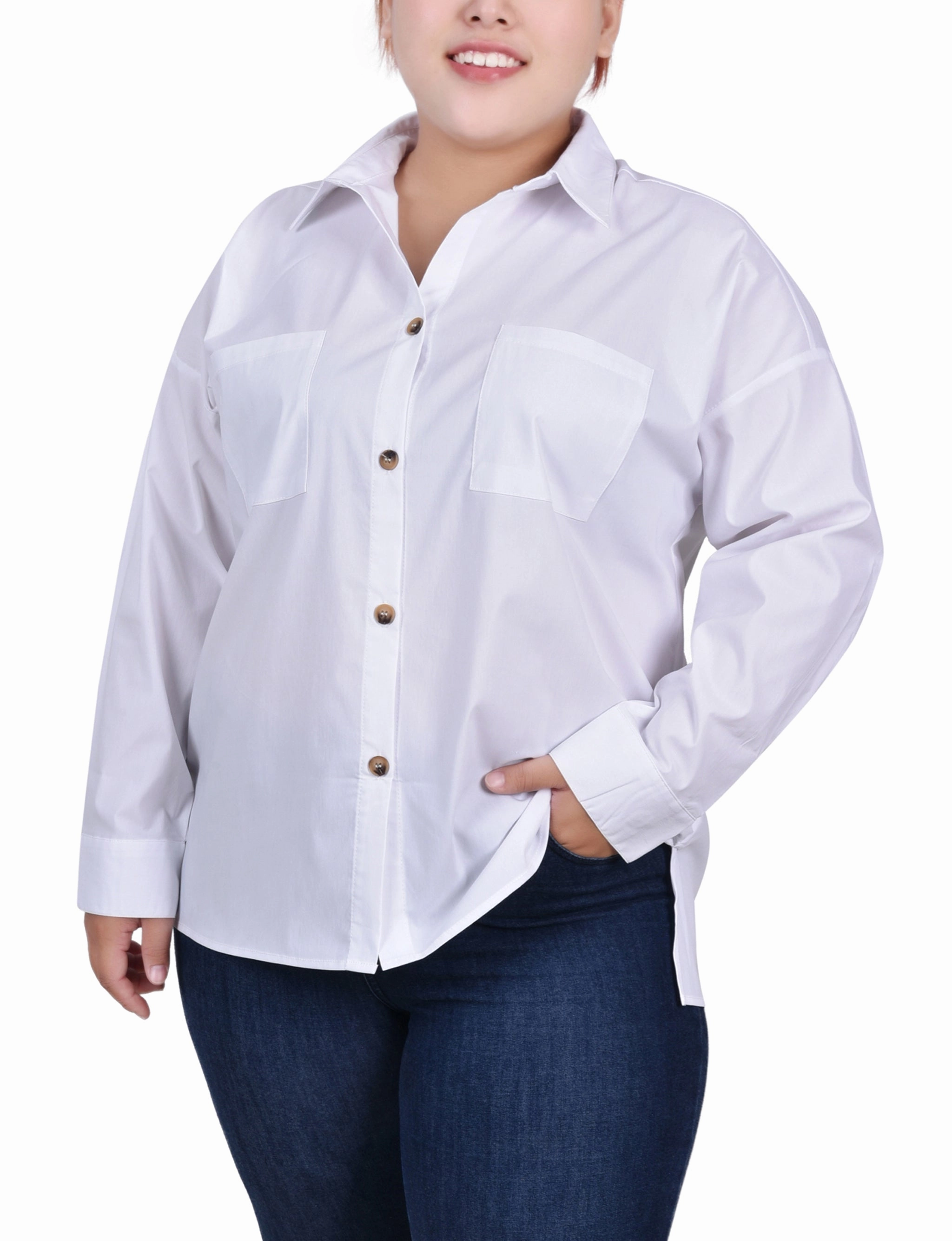 Fleece Pullover Plus Size Long Sleeve Blouse With Chest Pockets