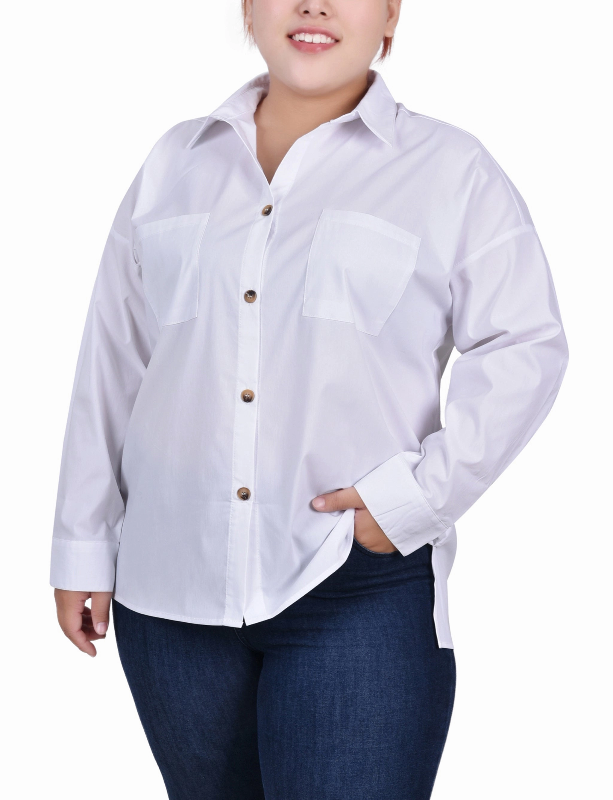 Plus Size Long Sleeve Blouse With Chest Pockets AllPurposeWear