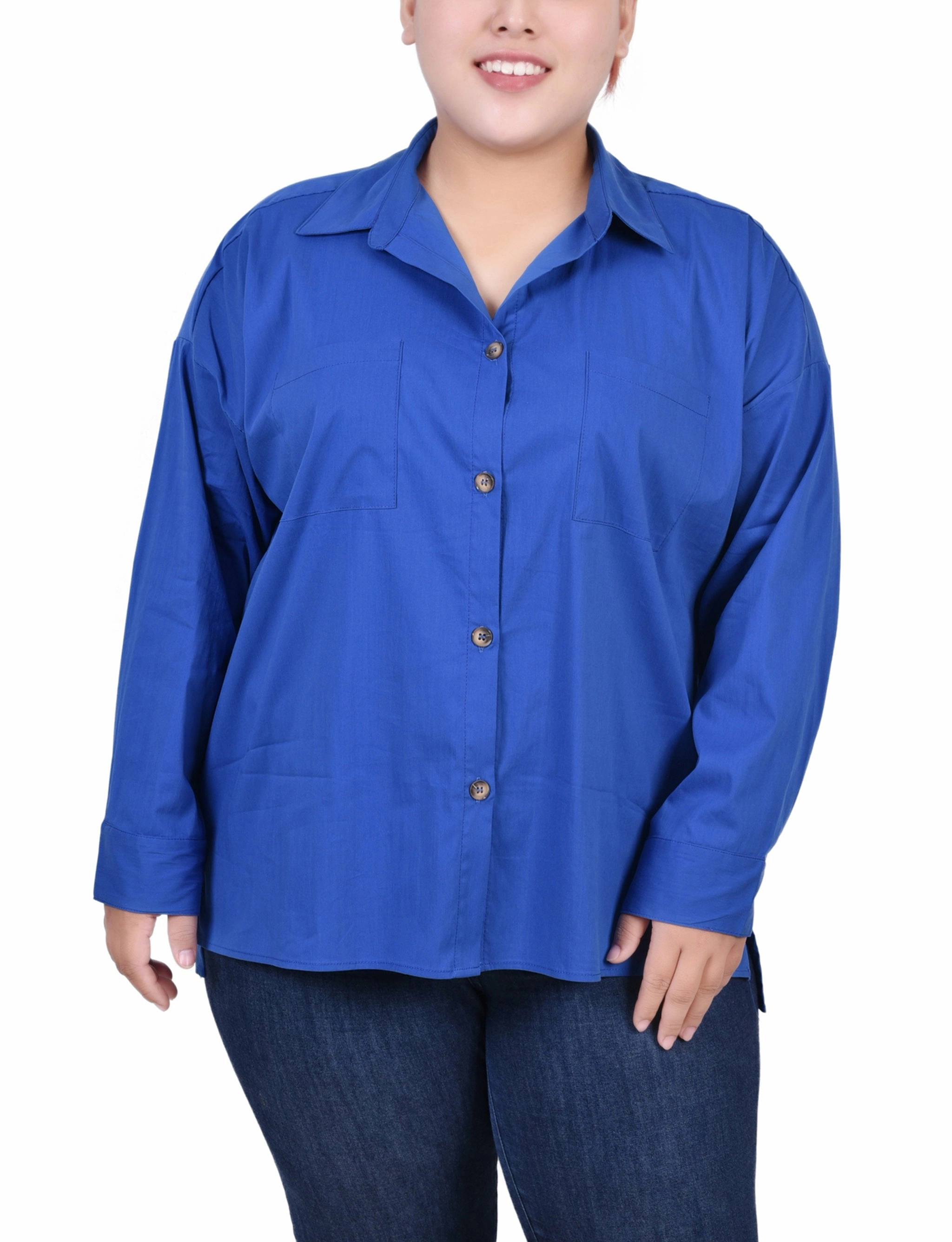Plus Size Long Sleeve Blouse With Chest Pockets Reinforced Shoulders