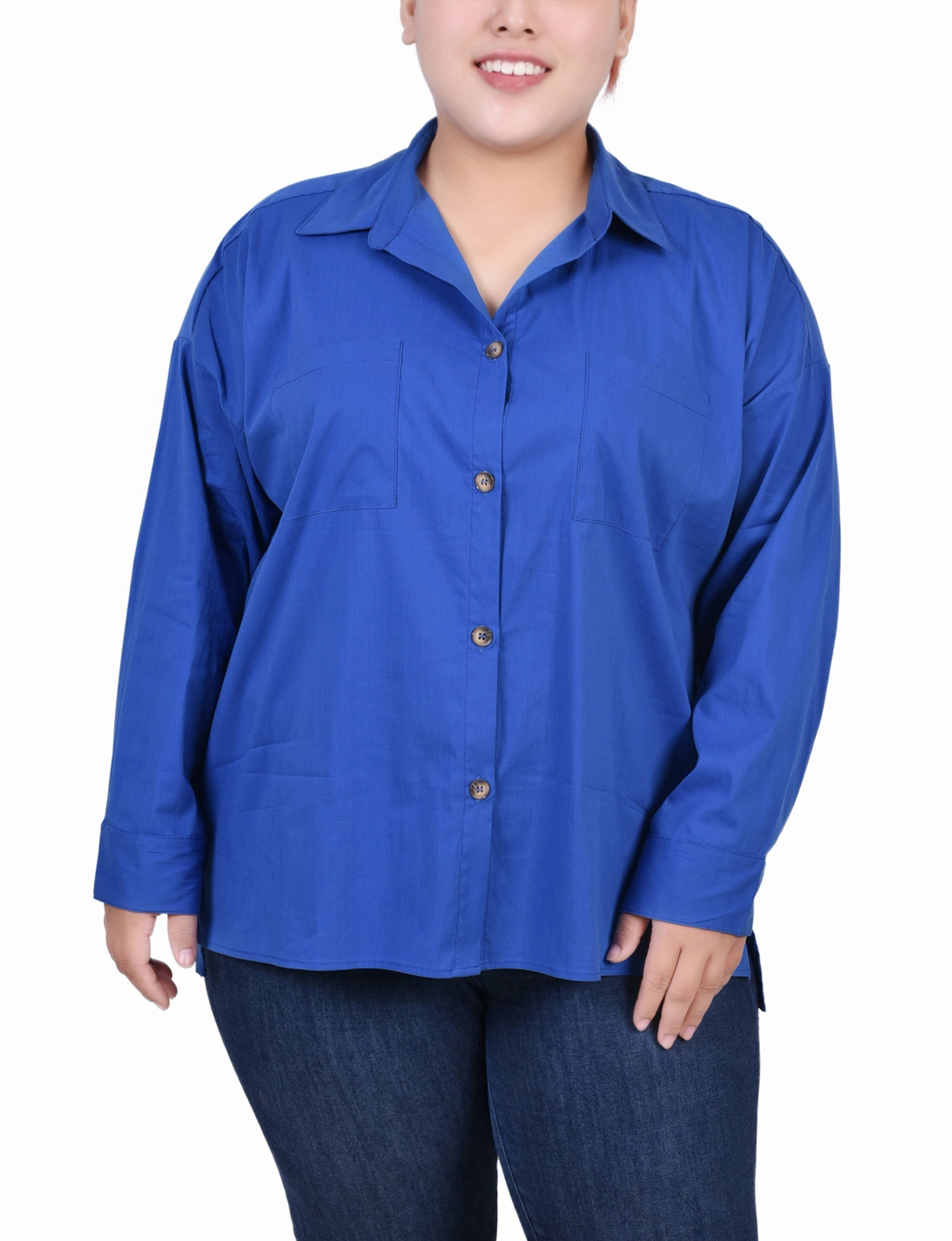 OdorControl Technology Plus Size Long Sleeve Blouse With Chest Pockets