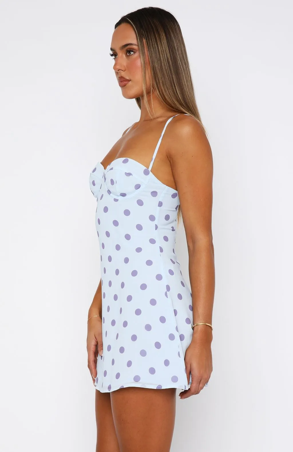 Minimalist Stitching In The Back Of My Mind Mini Dress Baby Blue Polka Dot