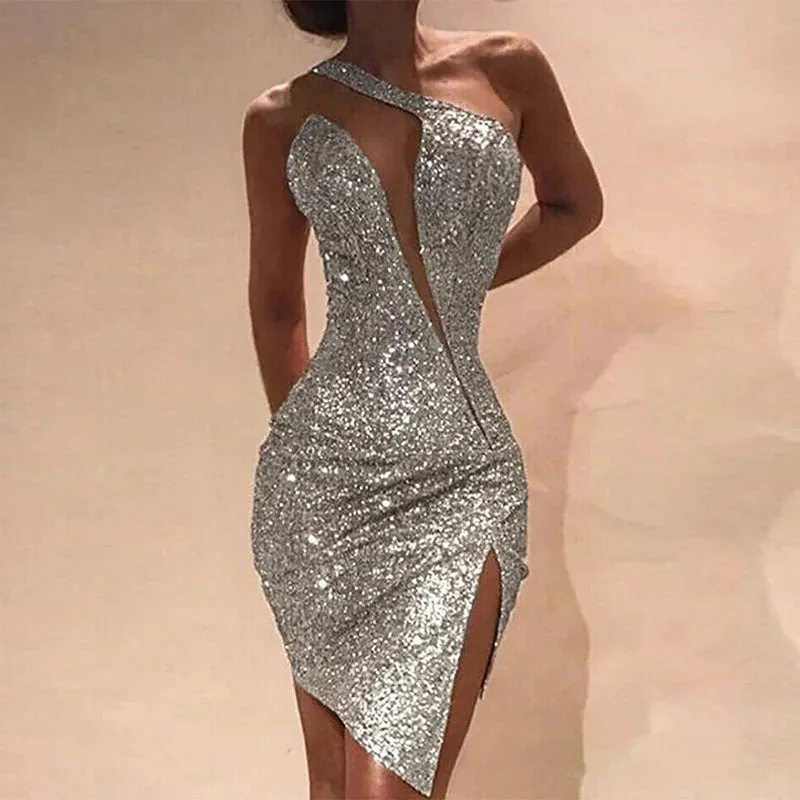 Irregular Club Fashion Off Shoulder Sequin Slim A-line Casual Hollow Sleeveless Split Party Sexy Dress