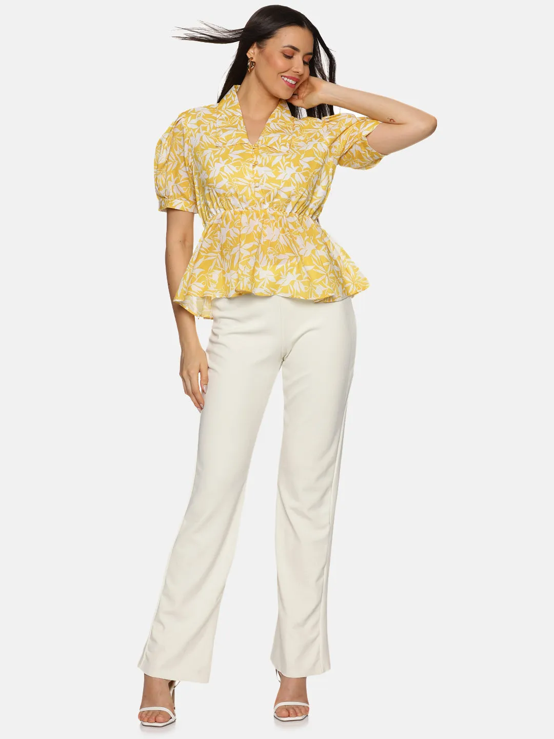 IS.U Floral Yellow Collared Peplum Top