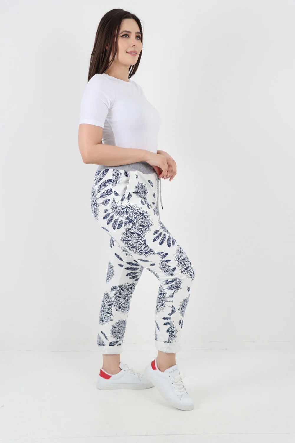 Italian Lagenlook Elasticated Waist Printed Cotton Trouser