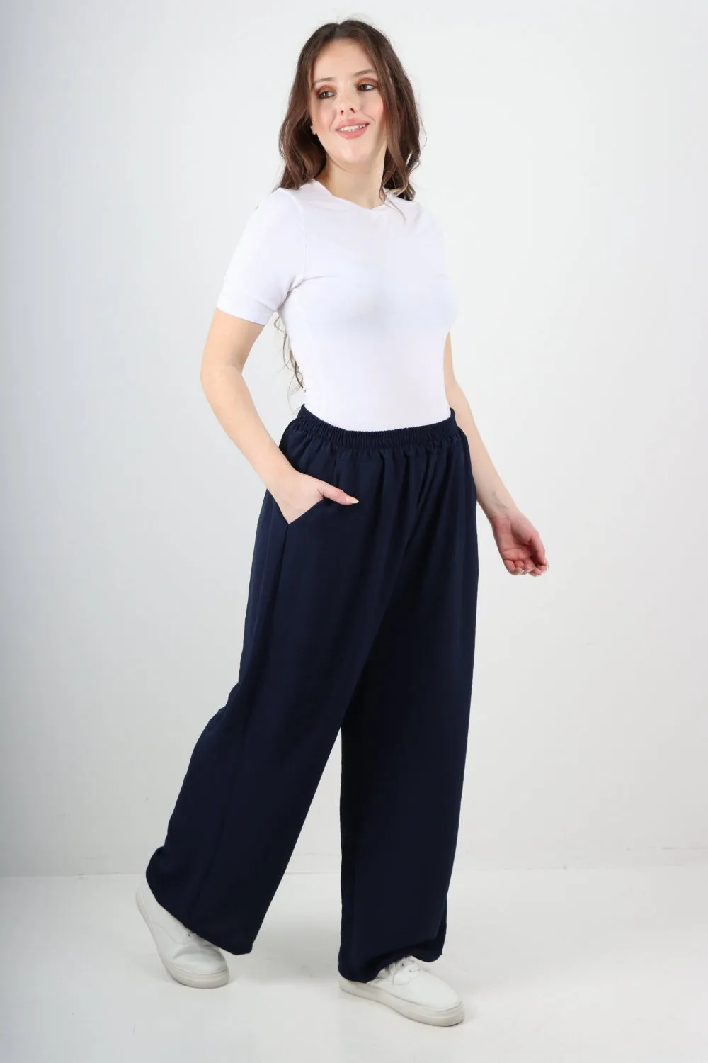 Italian Plain Elasticated Waist Side Pockets Cotton Trousers