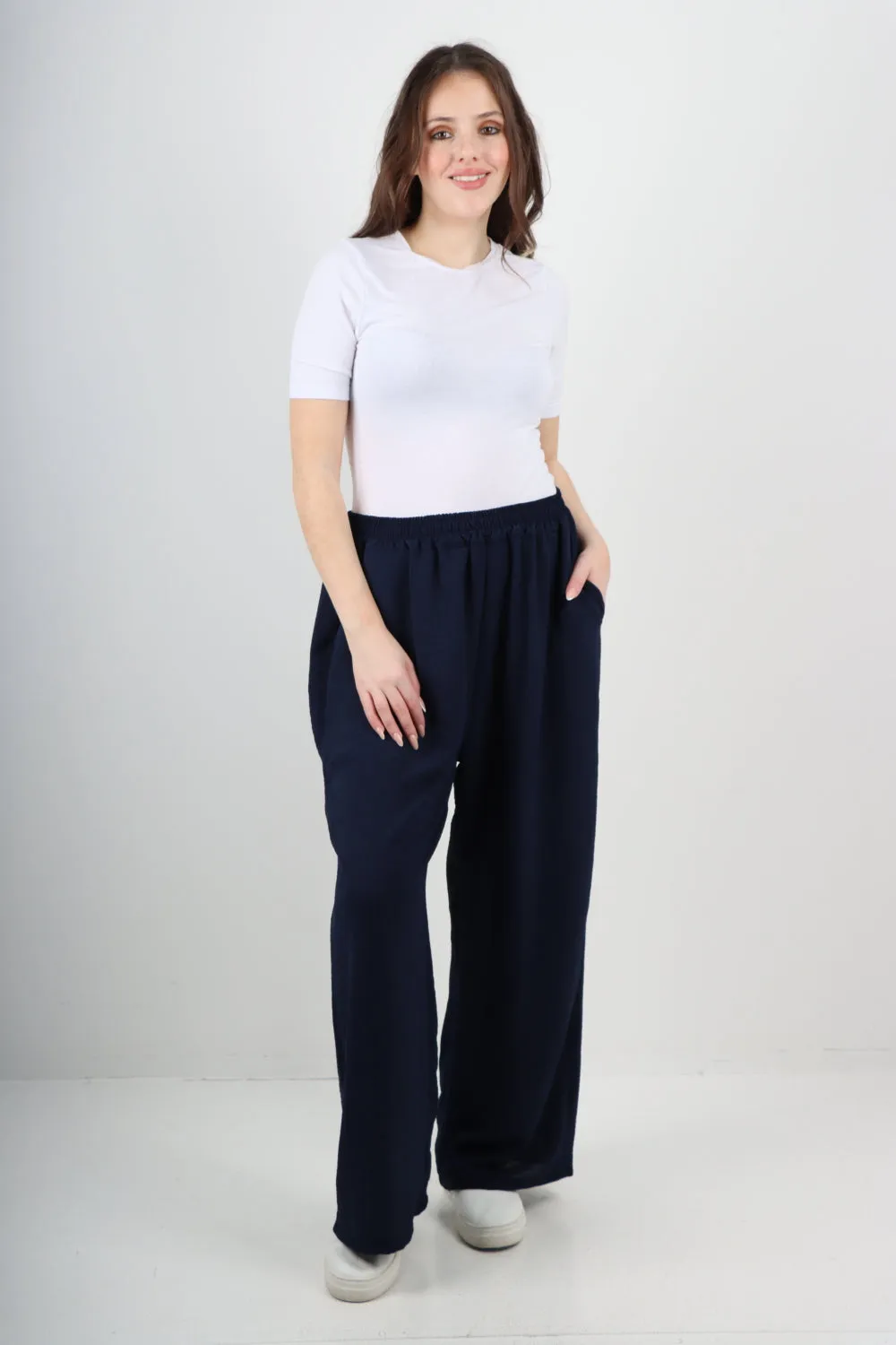 Italian Plain Elasticated Waist Side Pockets Cotton Trousers