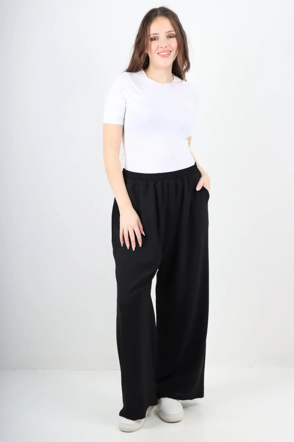 Italian Plain Elasticated Waist Side Pockets Cotton Trousers