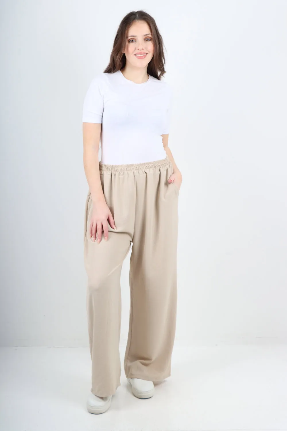 Italian Plain Elasticated Waist Side Pockets Cotton Trousers