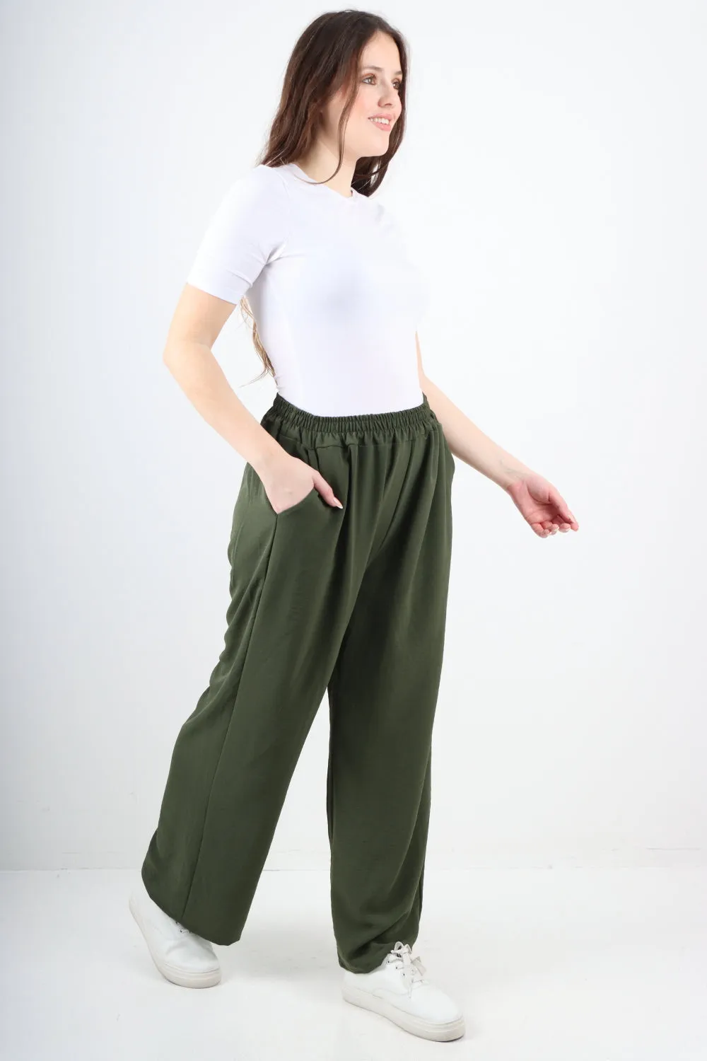 Italian Plain Elasticated Waist Side Pockets Cotton Trousers