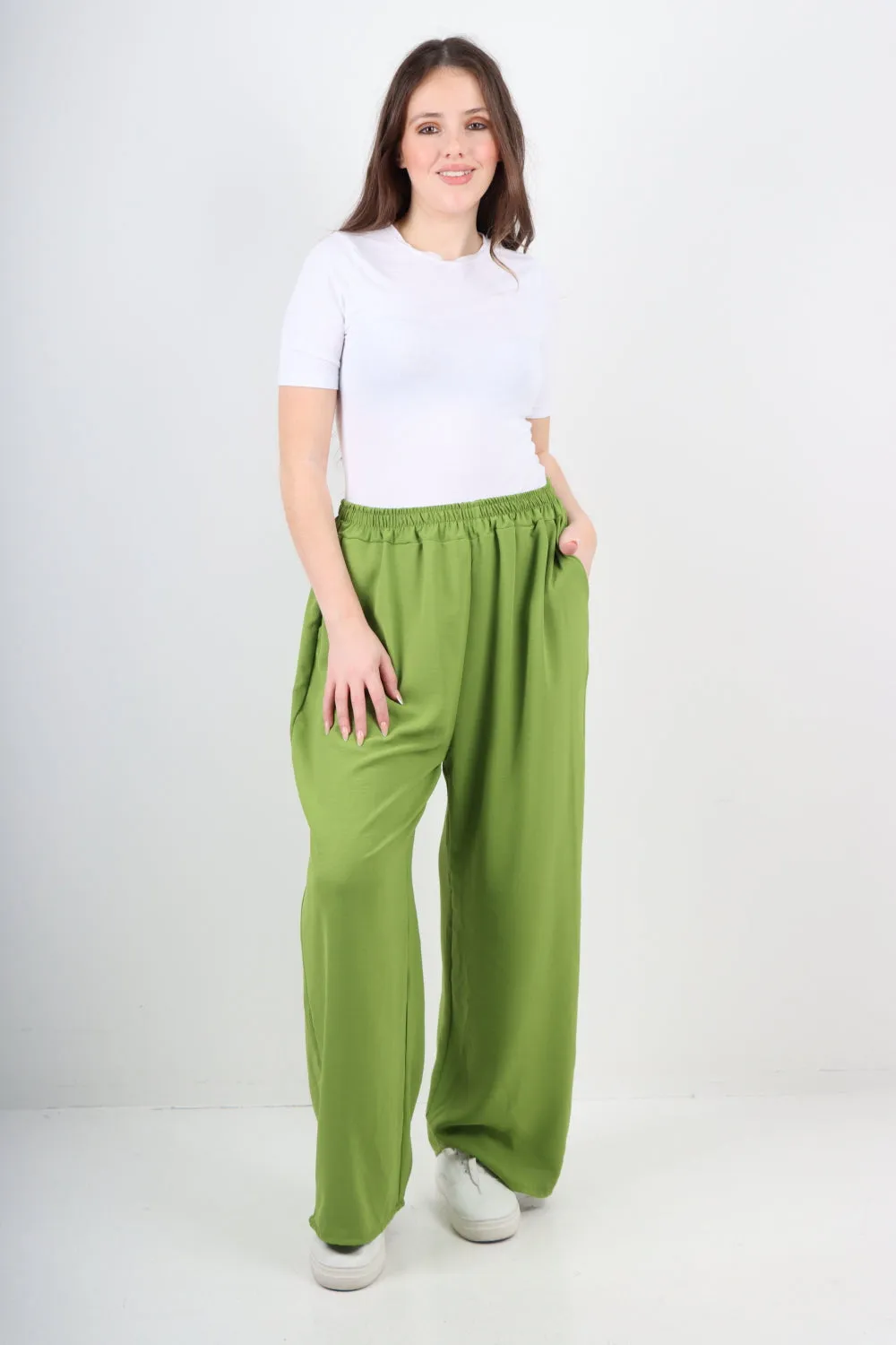 Italian Plain Elasticated Waist Side Pockets Cotton Trousers